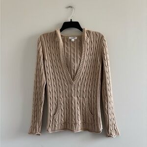 Y2K VTG Old Navy Sweater Cable Knit V Neck Hooded Tan Women M Preppy Bella Swan